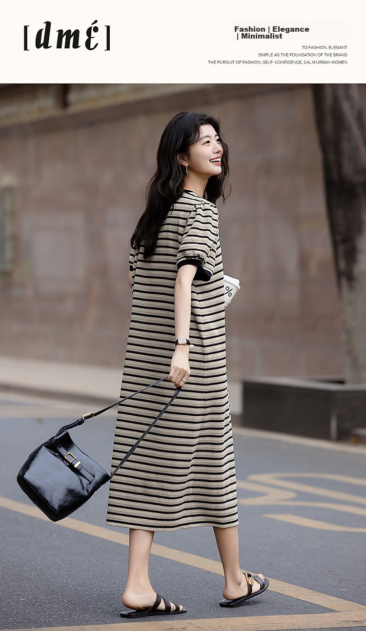 Demana Women's Summer V-Neck Striped Puff Sleeve Ribbed Splice Loose Knit Dress with Soft Cloud Cotton 1