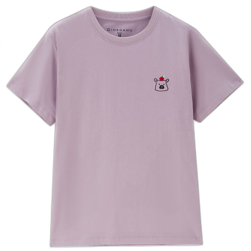 Giordano Women's Short-Sleeve T-Shirt, Summer Pure Cotton, Cute Animal Embroidery, Round Neck Top, 13325324