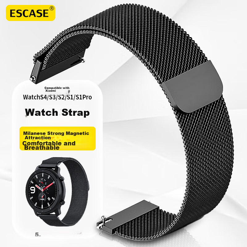 ESCASE Milanese Loop Magnetic Replacement Strap for Xiaomi Watch S4/S3/S2/S1/S1Pro 46/47mm Black Sport Band