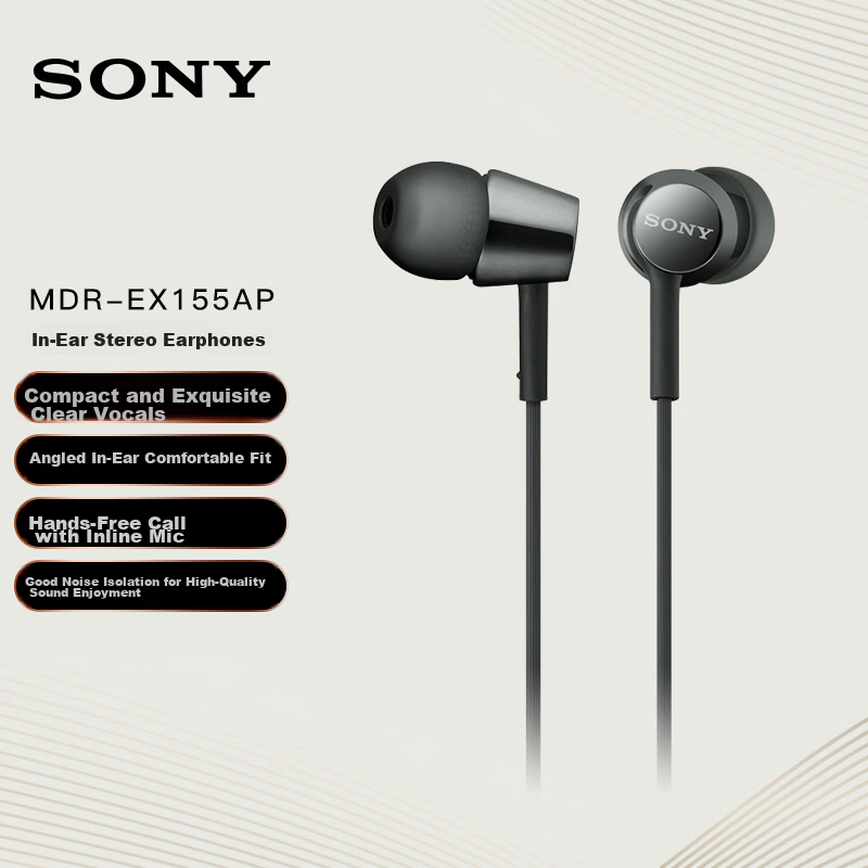 SONY MDR-EX155AP In-Ear Wired Headphones with Microphone Stereo Inline Remote for Phone and Computer Black Back-to-School Gift Essential