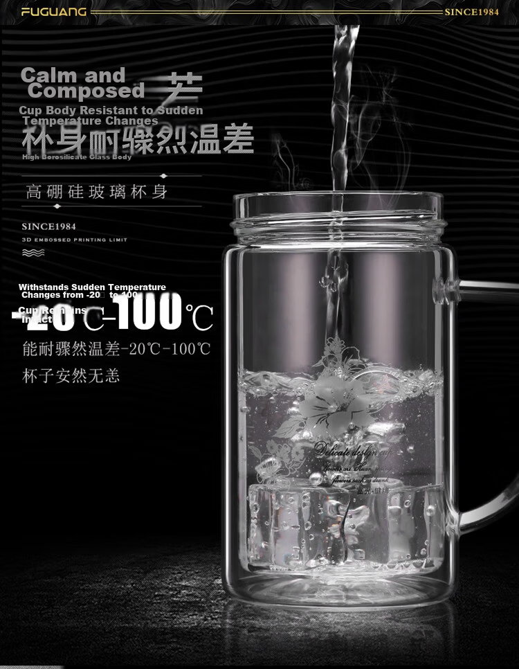 Fuguang Double-Layer Insulated Glass Cup with Tea Strainer, Water Bottle with Handle for Brewing Tea And Office Use (Set of 2) 5