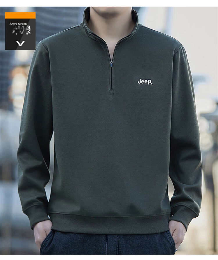JEEP Men's Sweatshirt Spring Autumn Loose Stand Collar Long Sleeve T-Shirt Heavyweight Trendy Clothing Black L 14