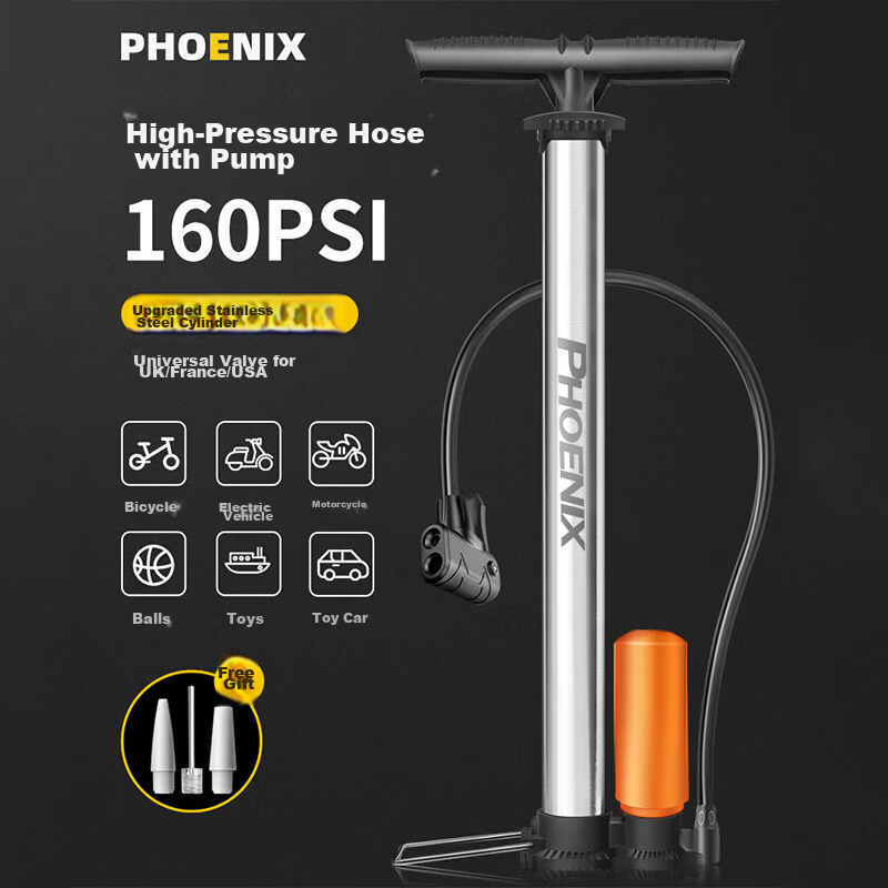 Phoenix High-Pressure Air Pump for Mountain Bikes, Electric Motorcycles, Basketballs, Balloons, Swimming Rings with Multi-Purpose Nozzle