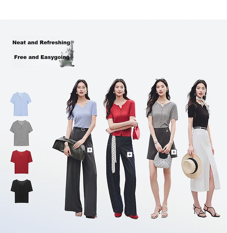 Yixiang Liying Solid Color Short Sleeve Linen Knitwear Women's New Soft Skin-Friendly Shoulder Fitting Top Milk Almond Beige L 19