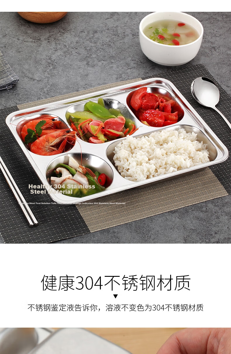 MENGTING 304 Stainless Steel Deep And Thick Four-Compartment Plate, Serving Tray for School Cafeteria, Fast Food Plate 4