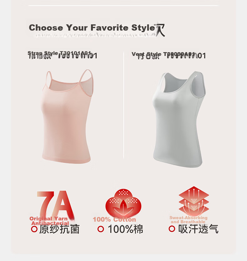 Threegun [7A Original Yarn Antibacterial] Pure Cotton Ribbed Stretch Vest Women's Basic Breathable Crew Neck Shirt 2-Pack 3