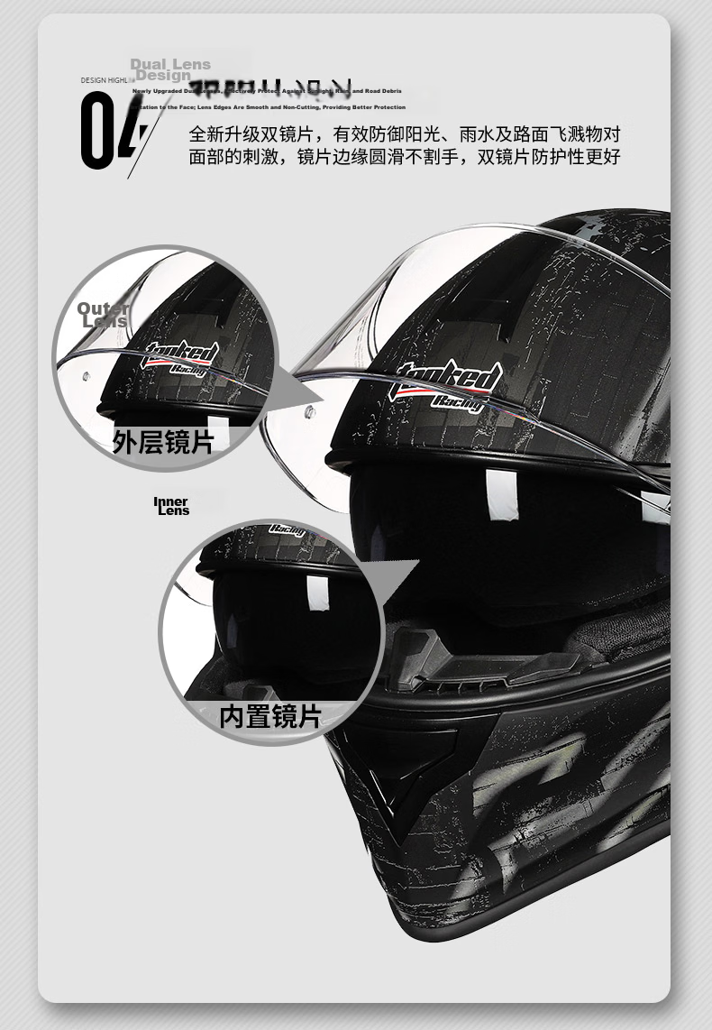 Tanked Racing T127 Motorcycle Helmet Full-Face with Dual Visor, Anti-Fog, for Electric Vehicles, All Seasons, Safety Helmet, White Knife Edge Red, 3XL 6