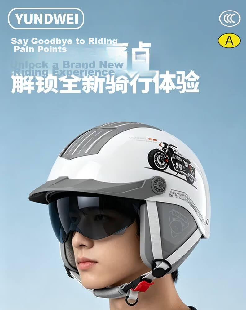 Yundianwei Electric Vehicle Helmet 3C Certified Unisex Four-Season Electric Scooter Safety Helmet Summer Breathable Large Sunroof Motorcycle Half Helmet [Dual Lens Bluetooth Tail Light Version] Glow W 1