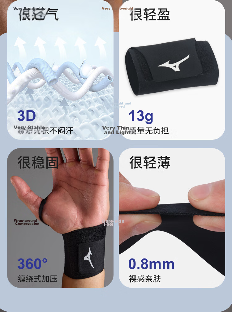 MIZUNO Wristband for Men And Women, Thin Breathable Fitness Wrist Support for TFCC Injury, Tendonitis, Badminton, Tennis, Basketball, Compression, Single Piece 5