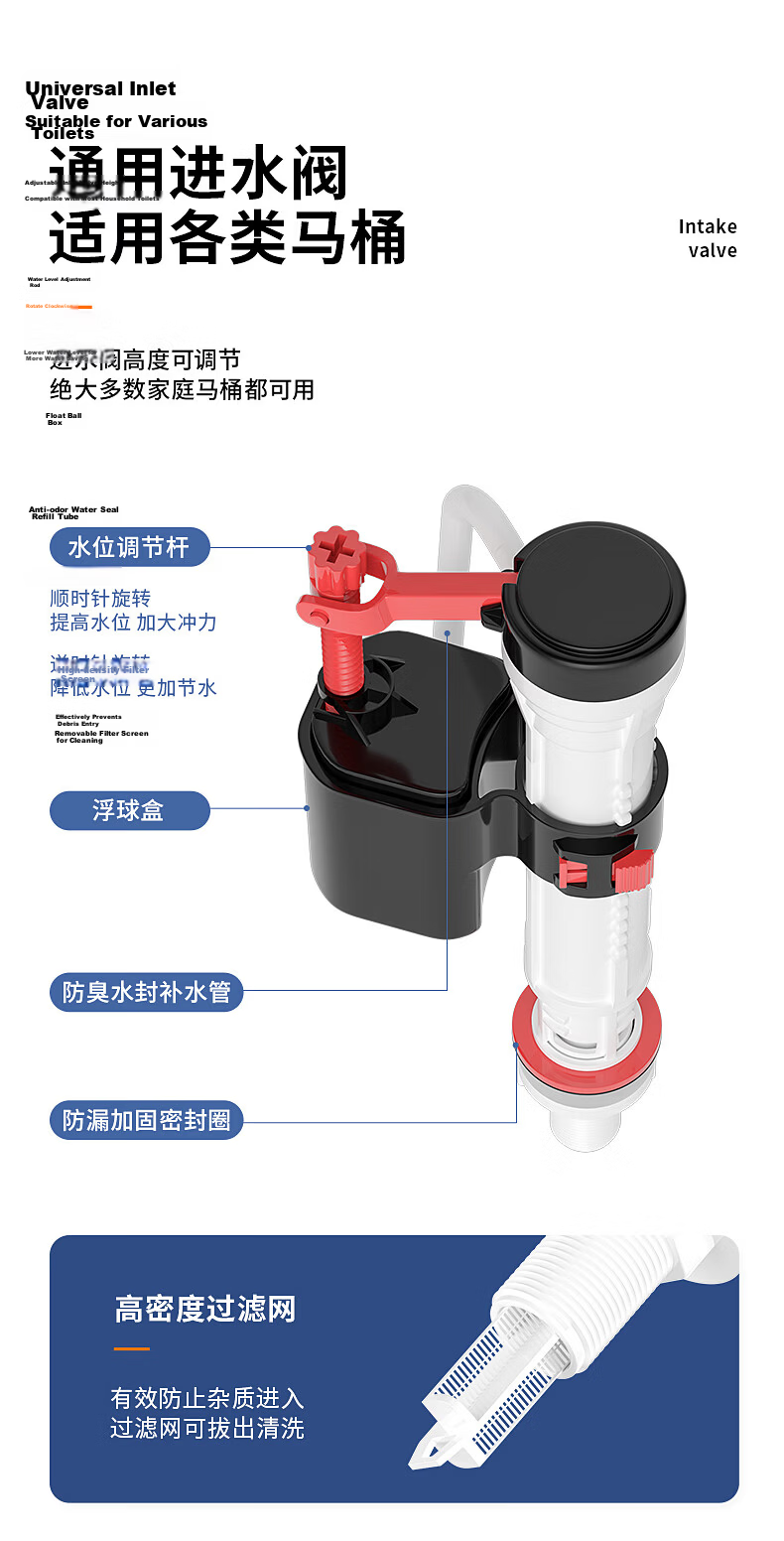 Muvi Toilet Accessories, Universal Complete Set, Flush Toilet Tank Drain Valve, Old-Style Toilet, Top Inlet Valve, Bottom Flusher 10