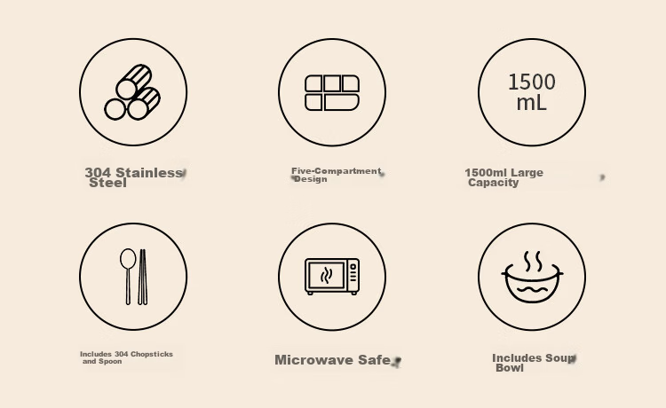 JD Jingzao Lunch Box 1.5L 304 Stainless Steel Microwave Safe Insulated Bento Box with 5 Compartments and Utensils for Students and Office Workers 2