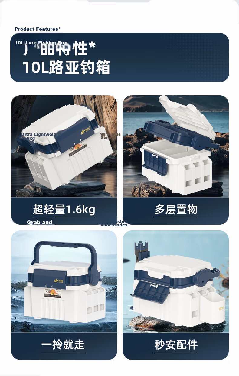 JIADIAONI Double-Layer Lure Fishing Tackle Box 2024 Multifunctional Rod Holder, Thickened Ultra-Light Large Capacity Storage Box, 10L Empty Case 2