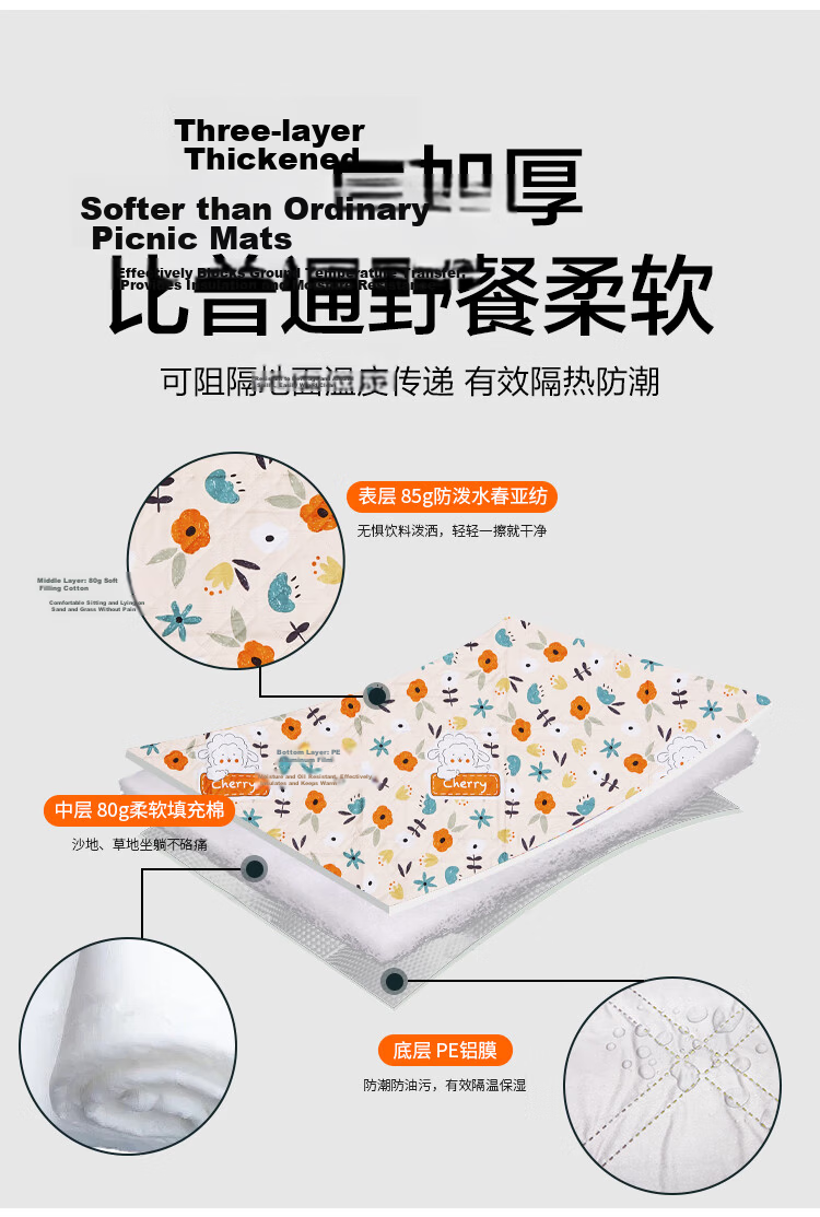 JD Jingzao Outdoor Picnic Mat Park Tent Moisture-Proof Camping Mat Ultrasonic Washable Floor Mat Floral 200x200cm 7