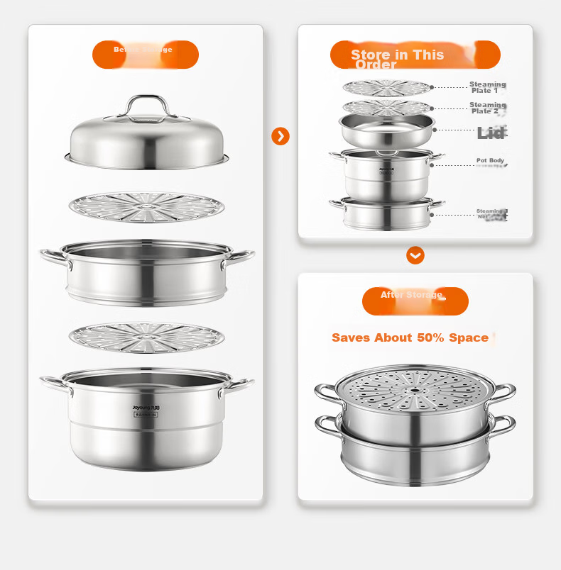Joyoung 32cm 3-Layer 304 Stainless Steel Steamer Pot Thickened Small Household Soup Cooker for 2-3 People Compatible with Gas and Induction Stoves 14