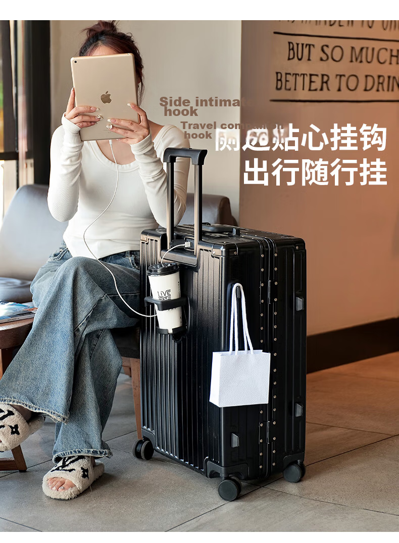 DULA Aluminum Frame Suitcase, Trolley Case with Cup Holder, Small Travel Password Lock, Rechargeable Carry-On Luggage, Starry Gray, 20 Inches 7