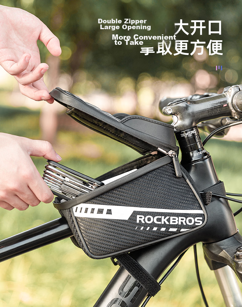 ROCKBROS Bicycle Handlebar Bag, Top Tube Bag, Front Fork Bag, Slim Phone Bag, Road And Mountain Bike Cycling Accessories 11