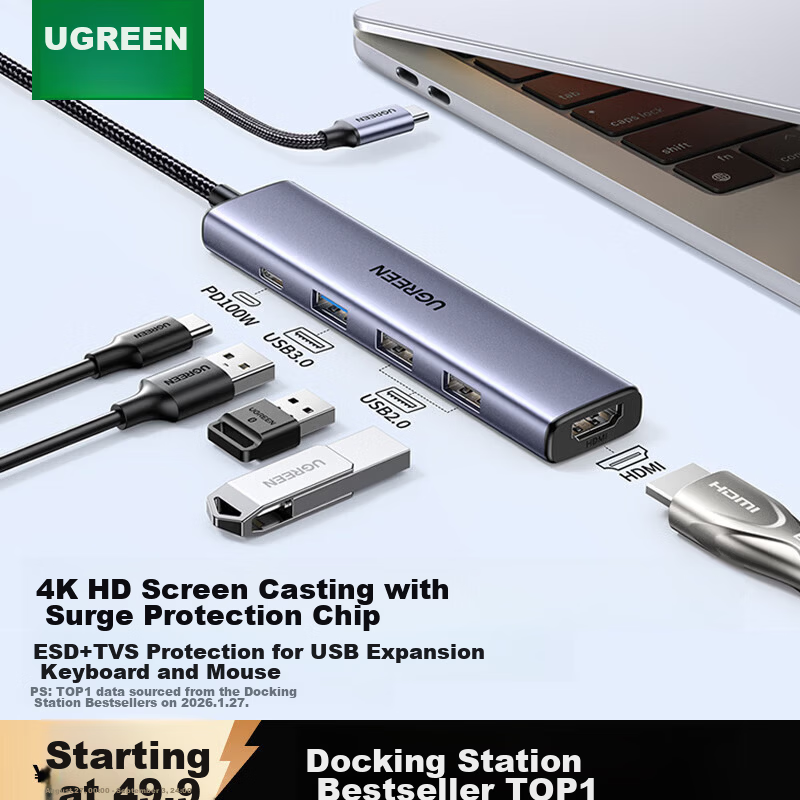 UGREEN Type-C Docking Station USB 3.2 High-Speed Hub HDMI 2.0 4K60Hz Adapter for Apple MacBook Huawei Laptop iPad