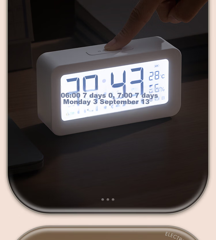 Deli Rechargeable Electronic Alarm Clock with Backlight, Home Student Children's Thermo-Hygrometer Bedside Clock, Essential for School Start, White LE103A, New Year Gift, Back-to-School Season 6