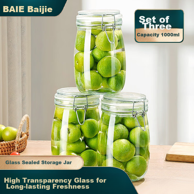 Baijie Glass Sealed Jars 3-Pack 1000ml Storage Jars Household Glass Bottles for Wine, Pickles, and Preserving Garlic