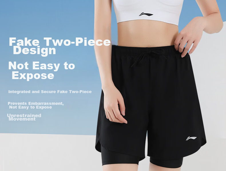 Li-Ning Shorts, Summer Women's Sports Running Marathon Fitness Quick-Dry Casual Two-In Beach Shorts with Lining Pants 9