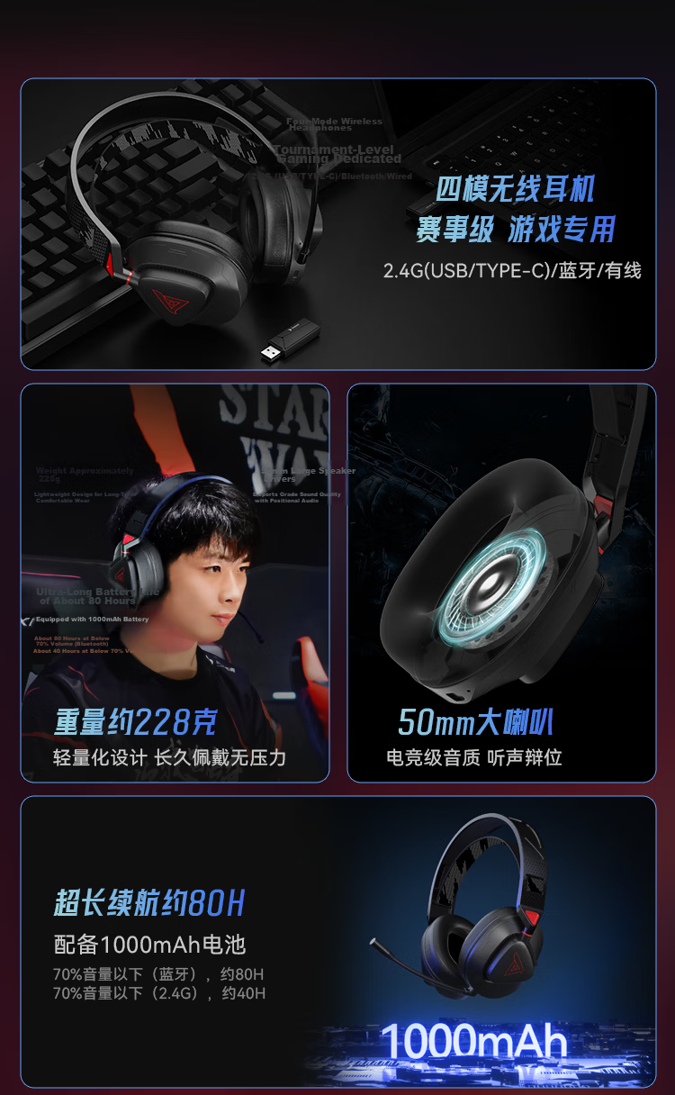 Taidu THS318 Lightweight Luan Competitive Edition Four-Mode Wireless Gaming Headset Computer Over-Ear Delta FPS Game Sound Positioning No-Light Black 4