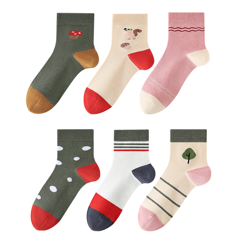 LangSha Children's Socks, Girls' Pure Cotton Mid-Calf Socks, Spring Autumn Winter Socks for Older Children, Trendy Retro Student Cotton Socks, 6 Pairs