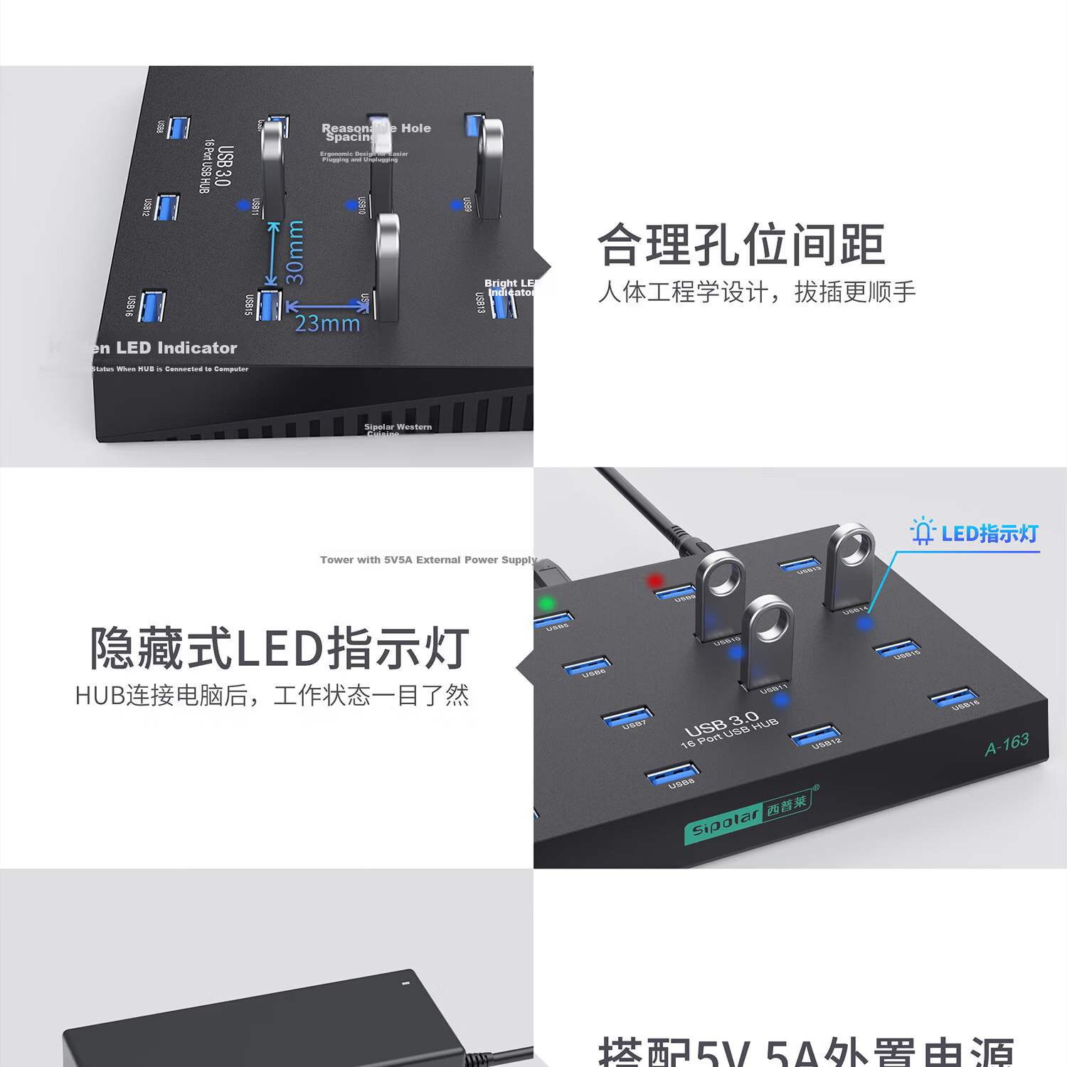 SIPOLAR USB3.0 Expansion Dock Hub, 10 Ports Industrial Grade A-423 (1.4 Meters), Hub with 120W High Power Supply, for Phone Flashing, Hard Drive Bulk Order, Single Port 2.1A 12