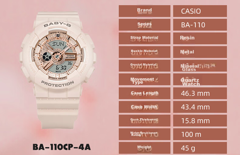 Casio Women's Watch, BABY-G Water-Resistant Sports Student Digital Smart Watch, Japanese And Korean Style, Gift for Girlfriend, BA-110XGA 18