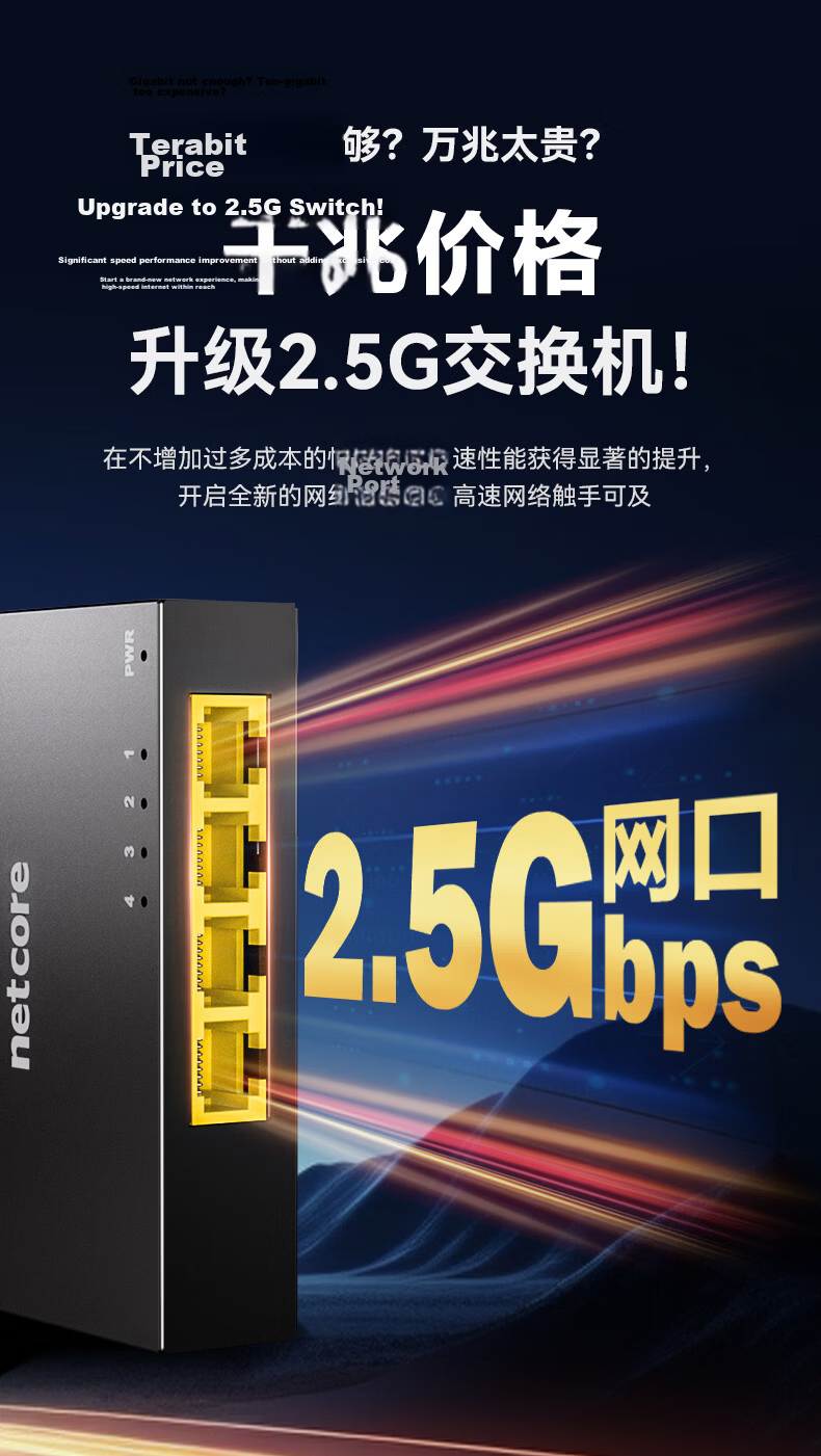 Netcore GS6, 6-Port Managed 2.5G Switch, 4 2.5G Electrical Ports + 2 10G SFP Optical Ports, Gigabit Network Splitter, Supports VLAN Link Aggregation/NAS Optical Modem 3