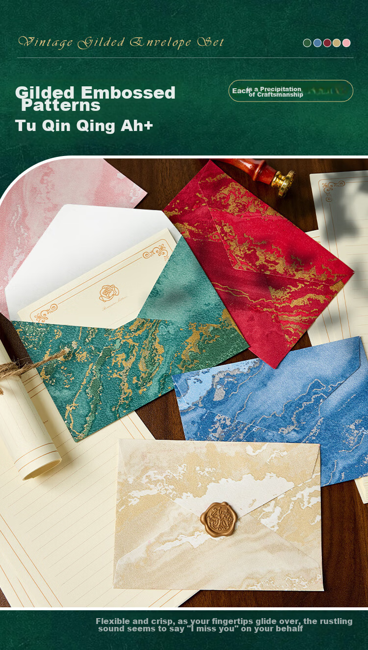 Kingdee Linen Envelopes and Stationery Set - Teacher's Day Gift Card with Gold Foil, High-End Creative Vintage Style Wax Seal, Romantic Letter Writing, Artistic Confession, 3 Envelopes, 10 Sheets, 3 W 5