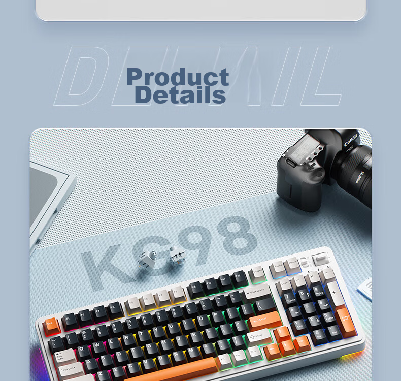 Mechanic KG98 Three-Mode Custom Mechanical Keyboard Wireless Bluetooth Wired Gaming Office Keyboard HIFI Typing Sound RGB Lighting 98 Keys GR Silver Switch Classic Blue 14