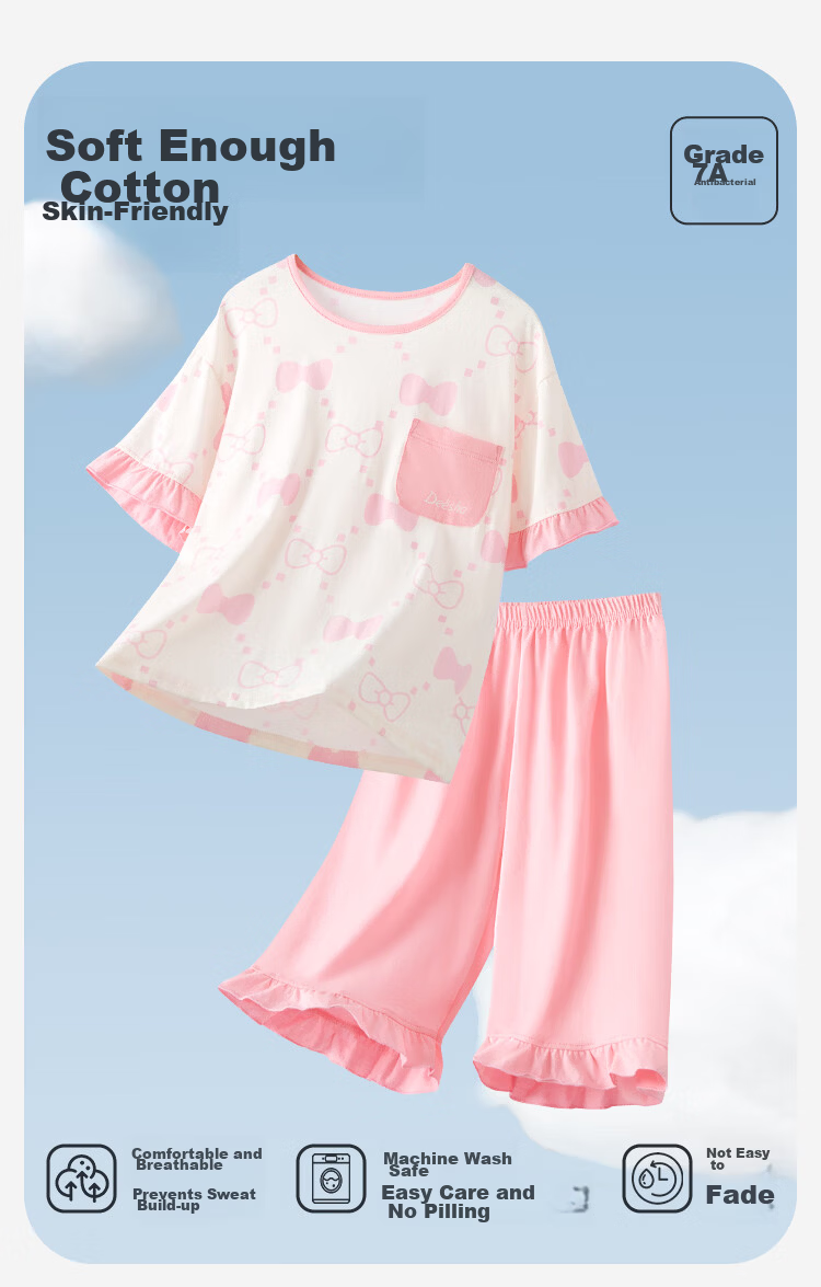 DEESHA [7A Antibacterial Cotton] Girls' Spring And Summer Short-Sleeve Shorts Pajama Set, Baby Two-Piece Sleepwear 1