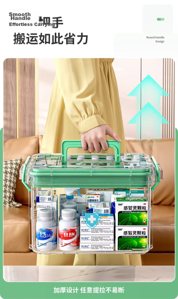 EACHY Medicine Box Household Medicine Storage Box Transparent Plastic Storage Box Green Extra Large Two Layers 5