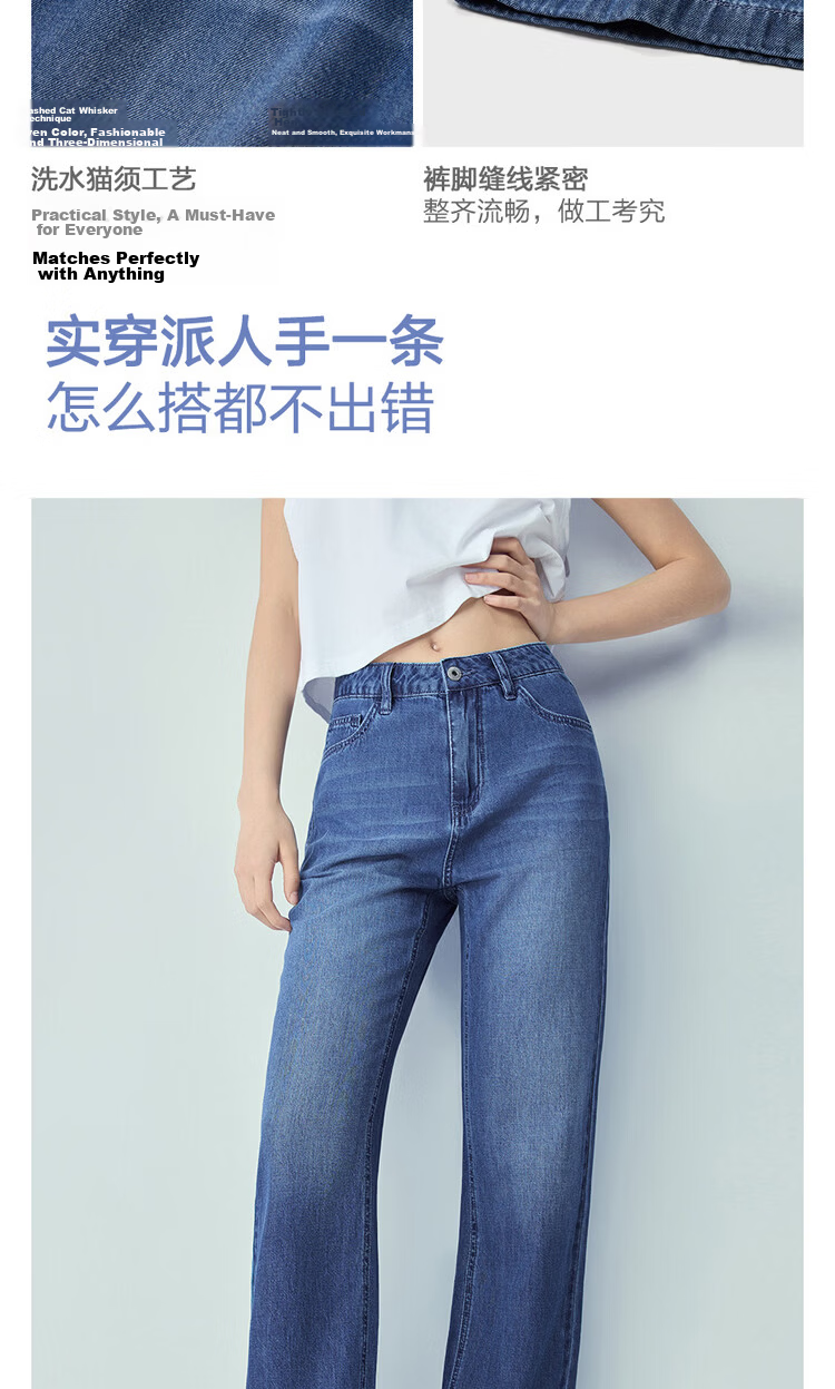 Giordano Women's Summer New Pure Cotton Washed Cat Whisker Thin High Waist Straight Leg Jeans 05416332 10