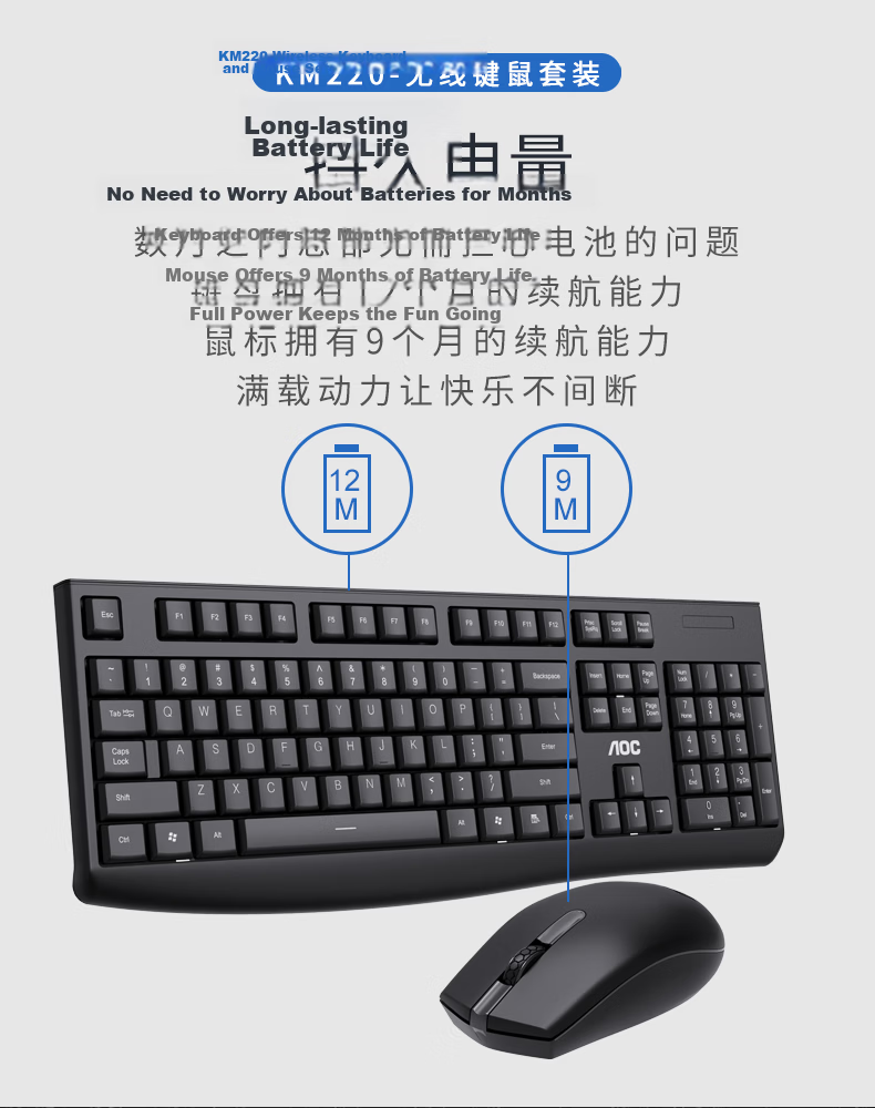 AOC KM460 Wireless Bluetooth Keyboard And Mouse Combo Set, Low Profile Keys, Splash-Resistant Design, Office And Home Use, Compatible with Laptops And Desktop Computers, White 3