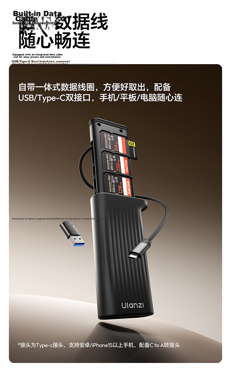 Ulanzi CR1 Three-In USB/Type-C Card Reader 3.1 High-Speed SD/TF Compatible with Computers, Tablets, Smartphones, Action Cameras, Drones, CCD Surveillance Storage Cards 5