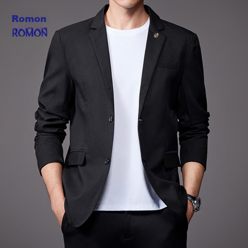 ROMON Men's Fashion Two-Button Single-Breasted Suit Jacket Business Casual Wedding Blazer YT2088 Black M