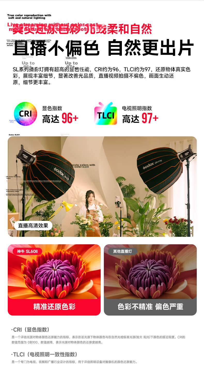 Godox SL60II Live Streaming Fill Light D Photography Continuous Light Sunlight Studio Shooting Photography Light Children's Clothing Photo Spotlight Host Live Streaming Light 7