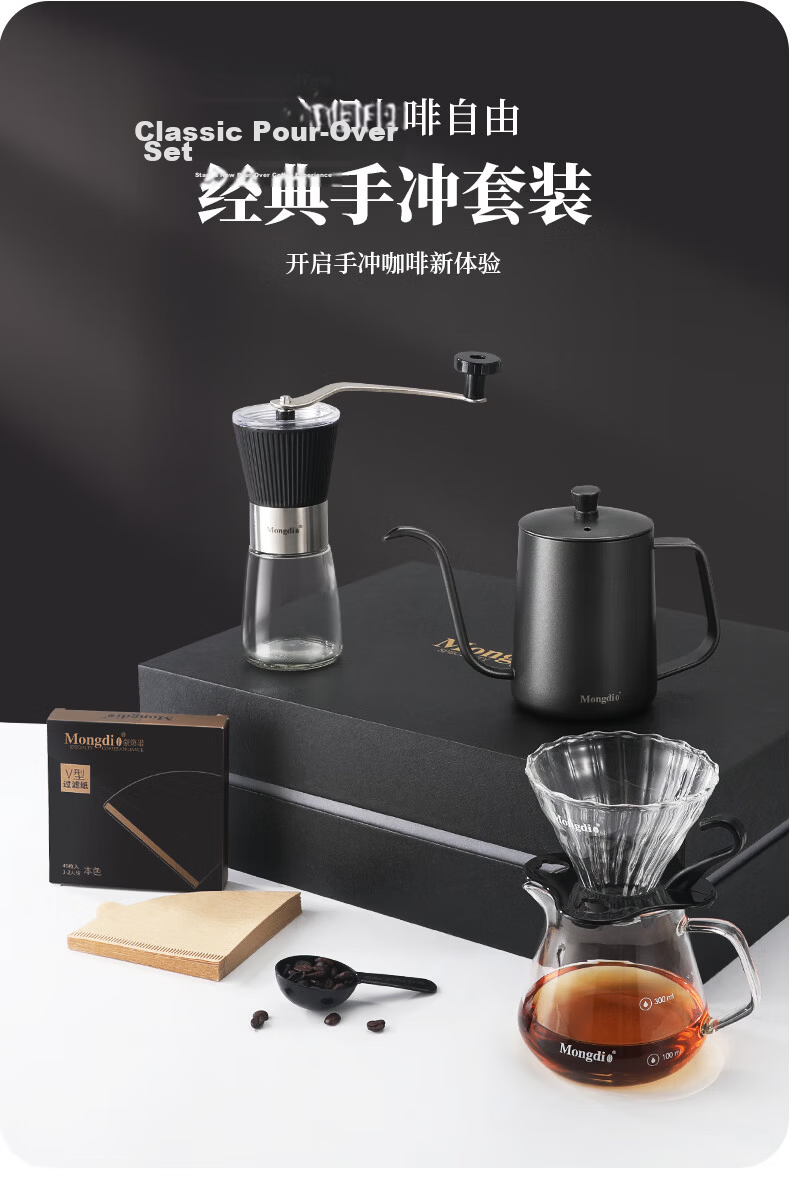 Mongdio Manual Pour-Over Coffee Maker Set with Hand Grinder, Coffee Mill, Coffee Pot, 6-Piece Gift Box Set 15