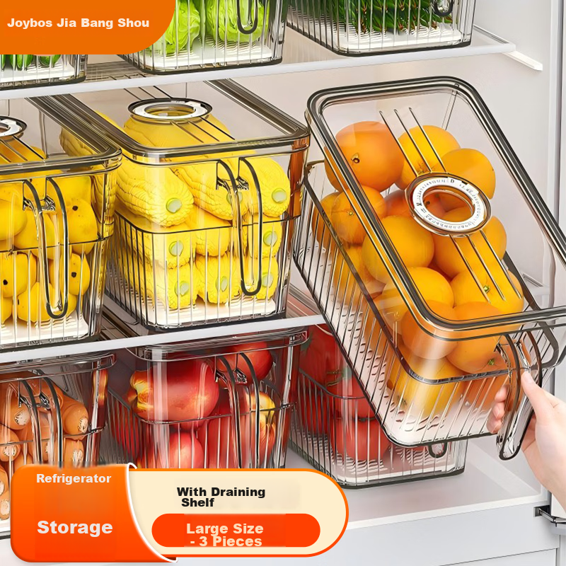 Jiabangshu Refrigerator Storage Box Food-Grade Fruit Vegetable Egg Fresh-Keeping Box with Handle Large Size 3-Pack