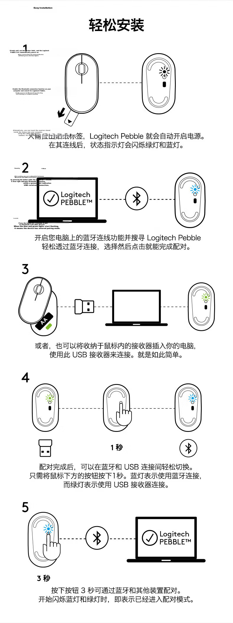 Logitech PEBBLE+K106 Keyboard and Mouse Set Office Pebble Design Slim Portable Mouse Full-Size 104-Key Compact Wired Keyboard 5