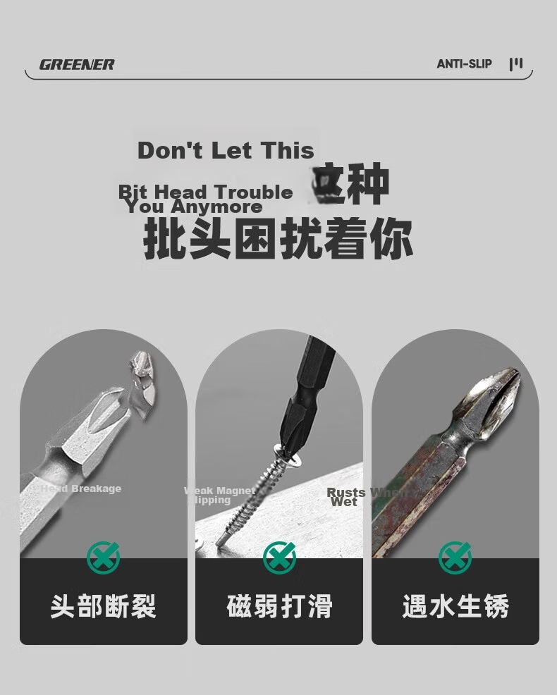 GREENER Cross Head Bit Household Strong Magnetic Super Hard Non-Slip Electric Screwdriver Drill Impact S2 Bit Set 4
