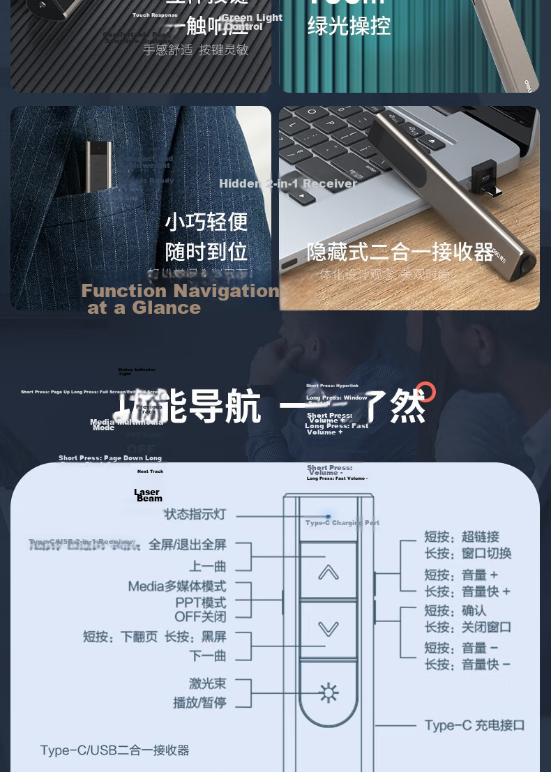 Deli Laser Page-Turning Pen, Green Light Teacher's PPT Projection Pen Laser Pointer Teaching Pointer Bluetooth Connected Presentation Pen, Wireless Presenter Remote Classroom Pointer, Blue NS100 3