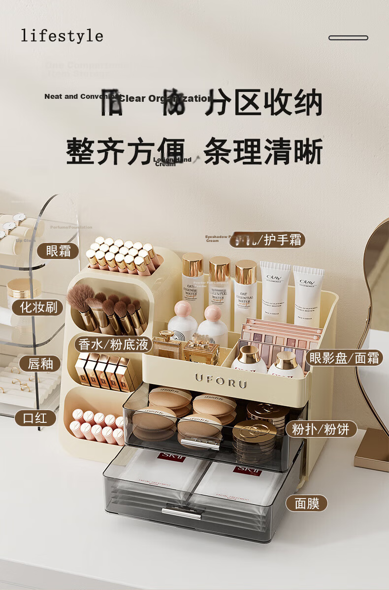EACHY Qixi Festival Gift Cosmetic Storage Box Desktop Dustproof Large Capacity Dressing Table Skincare Organizer - Cream Yellow 8
