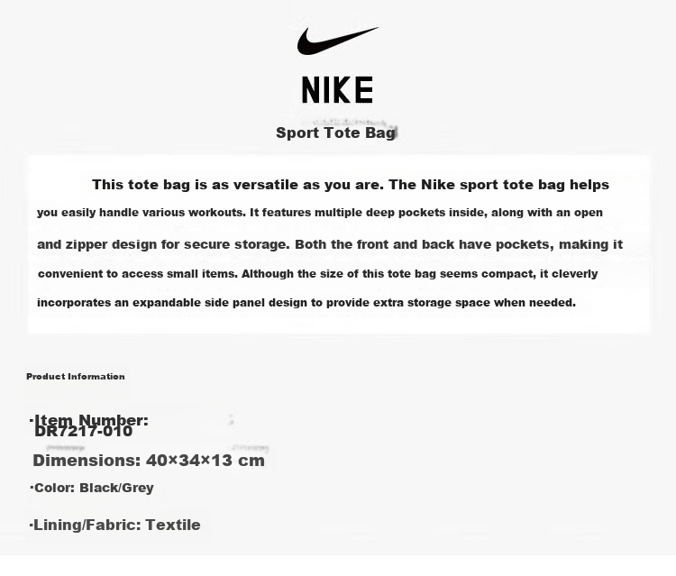 NIKE Unisex Shoulder Bag New Printed Zipper Tote Handbag IH7964-010 Black MISC 1