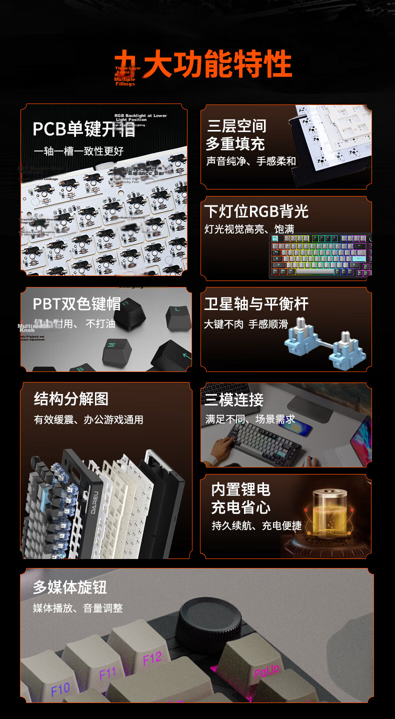 DAREU EK75, 75-Key Wired/2.4G/Bluetooth Tri-Mode Gaming Mechanical Keyboard, Plate Spring Gasket Structure, Phantom Edition - Master Switch 3