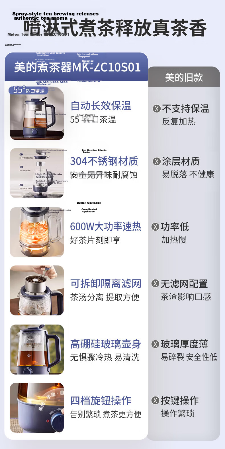 Midea 1L Large Capacity Integrated Spray Tea Maker Health Pot Office Tea Brewing and Boiling Machine 304 Stainless Steel Constant Temperature Kettle ZC10S01 2