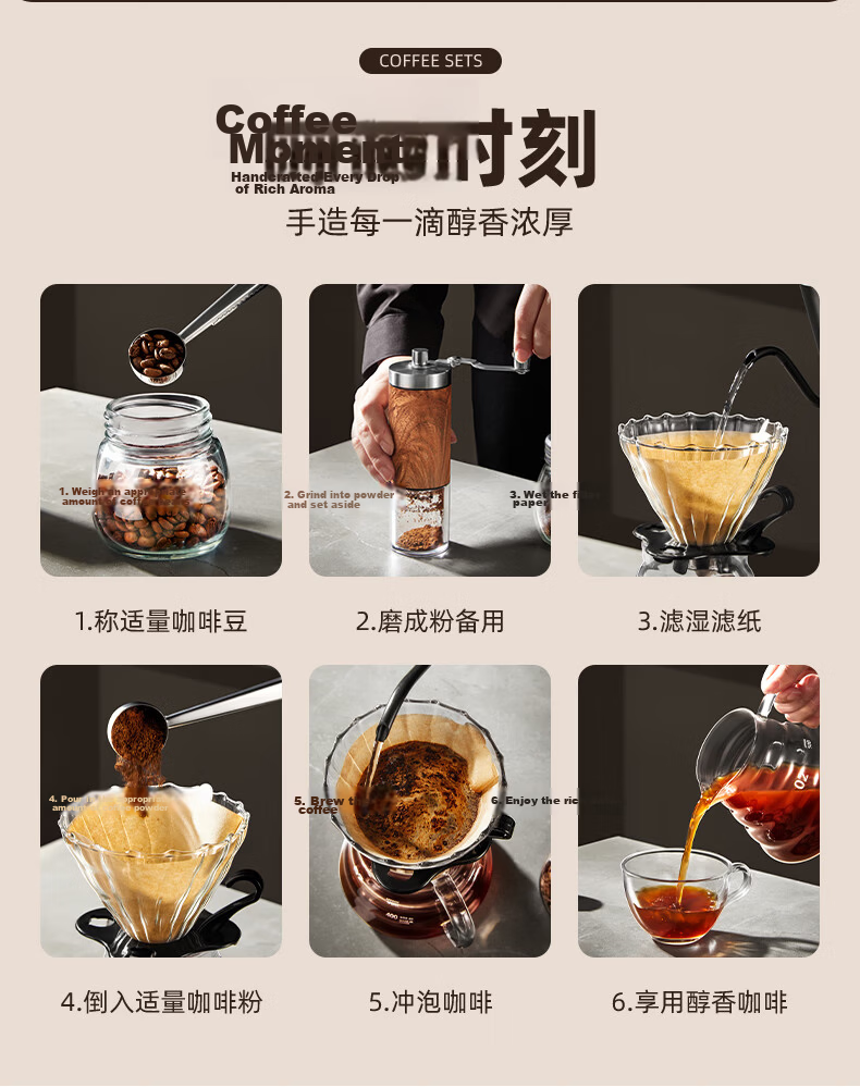 TEOTM Pour-Over Coffee Maker Set, Hand Grinder Coffee Machine, Manual Bean Grinder, Pour-Over Coffee Home Brewing Kit Basic Model 12