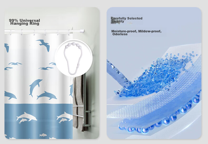 RIDDER Shower Curtain, Waterproof And Mold-Resistant, PEVA Material with Hooks, Wall-Mounted, 180*200CM, Bathroom Curtain, Shower Partition, Toilet Room 5