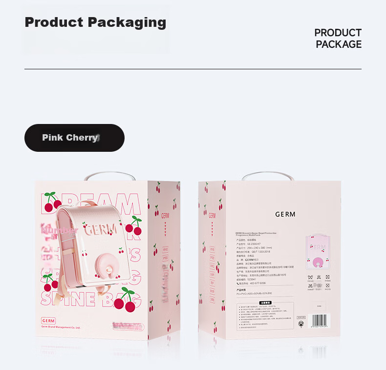 Germ Backpack for Primary School Students, Ultra-Light Spine Protection, Girls' Children's Schoolbag for Grades 1-3, Large Capacity Anti-Drop, Pink Cherry 13